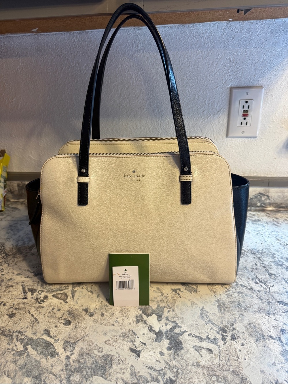 kate spade Cream and Black Pebbled Leather Tote